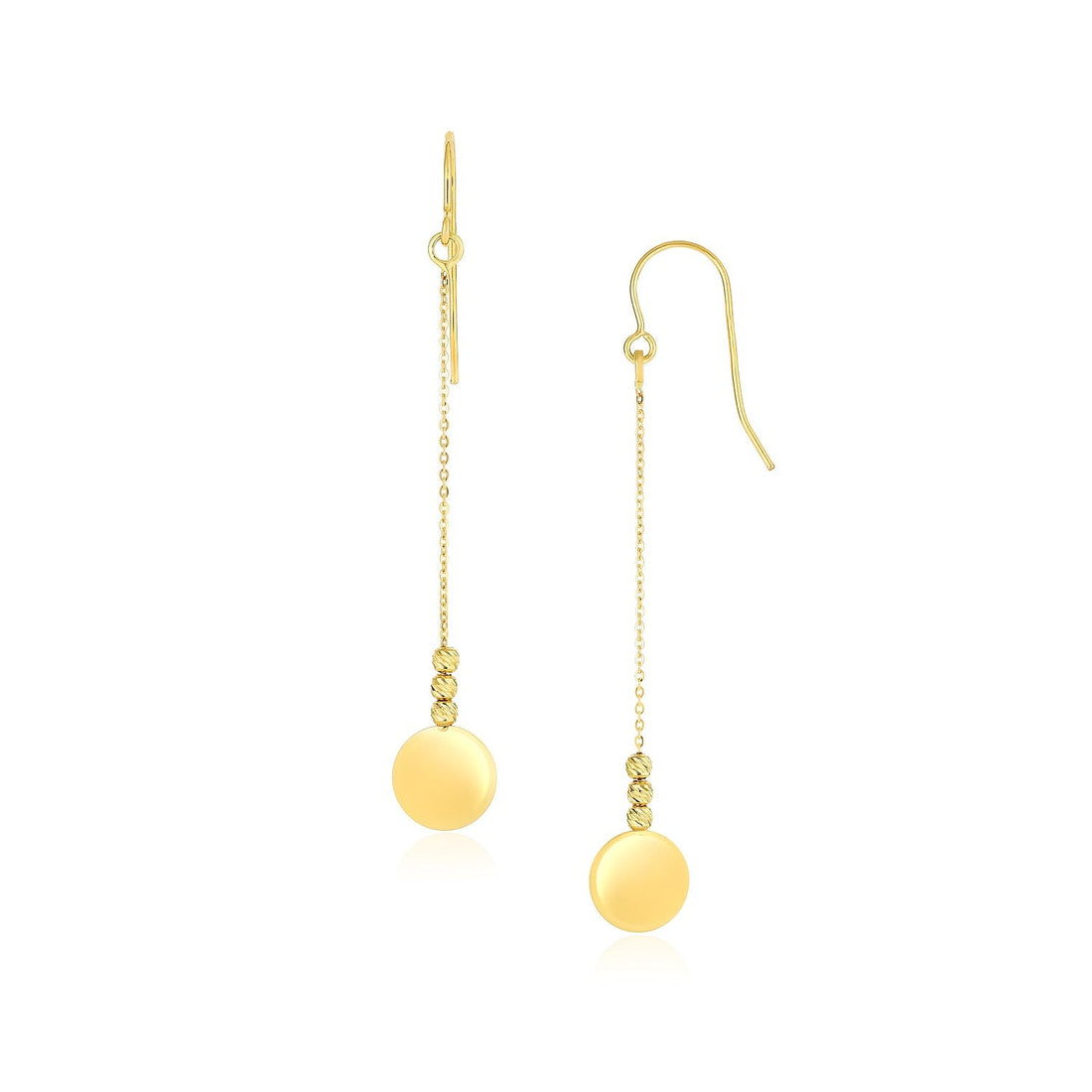 14k Yellow Gold Bead and Shiny Disc Drop Earrings - earrings