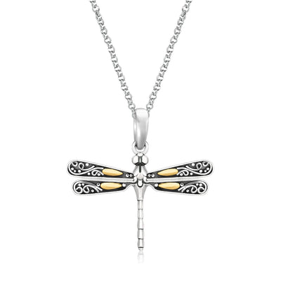 18k Yellow Gold and Sterling Silver Pendant in a Dragonfly Design - DestGlow