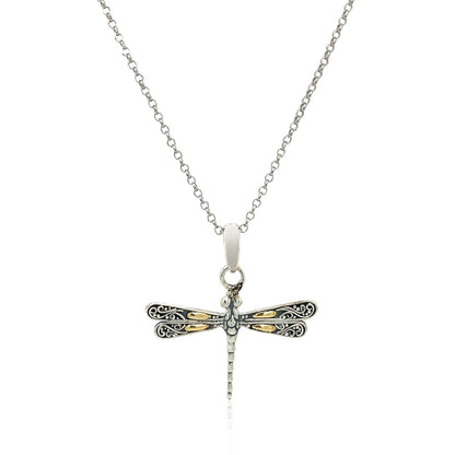 18k Yellow Gold and Sterling Silver Pendant in a Dragonfly Design - DestGlow