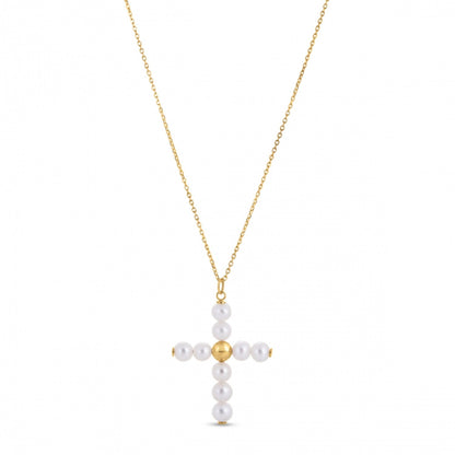 14k Yellow Gold Pearl Cross Pendant by Bids.com