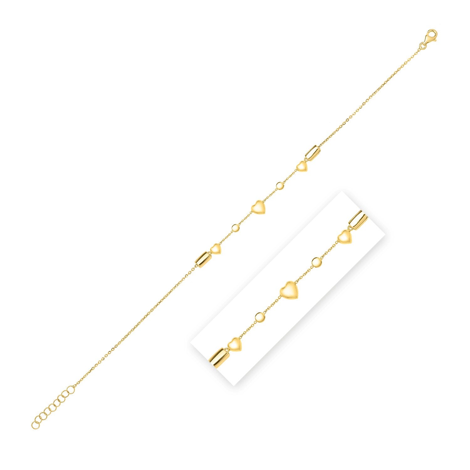 14k Yellow Gold Puff Heart Adjustable Anklet by Bids.com
