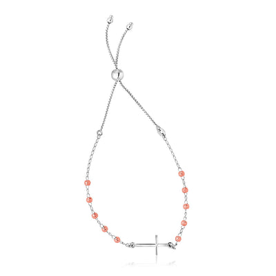 Sterling Silver White and Rose Finish Adjustable Bracelet with Cross (1.20 mm) - DestGlow