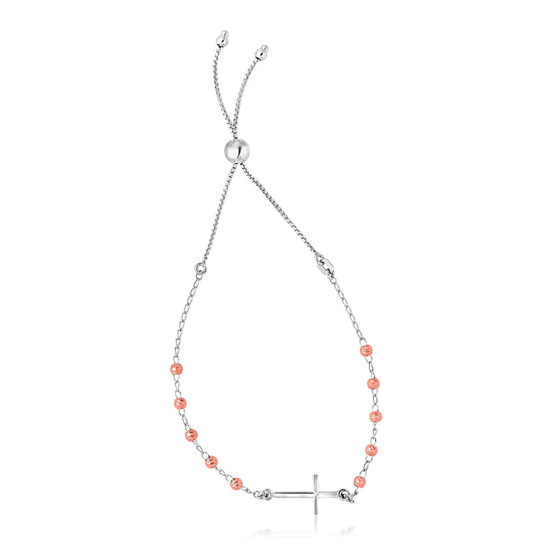 Sterling Silver White and Rose Finish Adjustable Bracelet with Cross (1.20 mm) by Avera Group