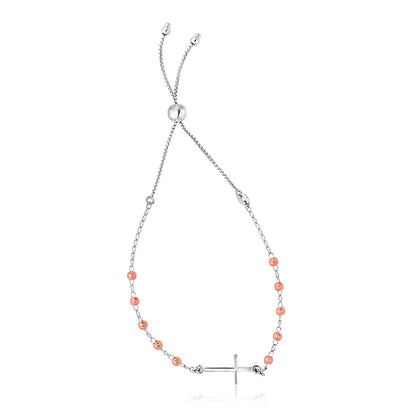 Sterling Silver White and Rose Finish Adjustable Bracelet with Cross by Bids.com