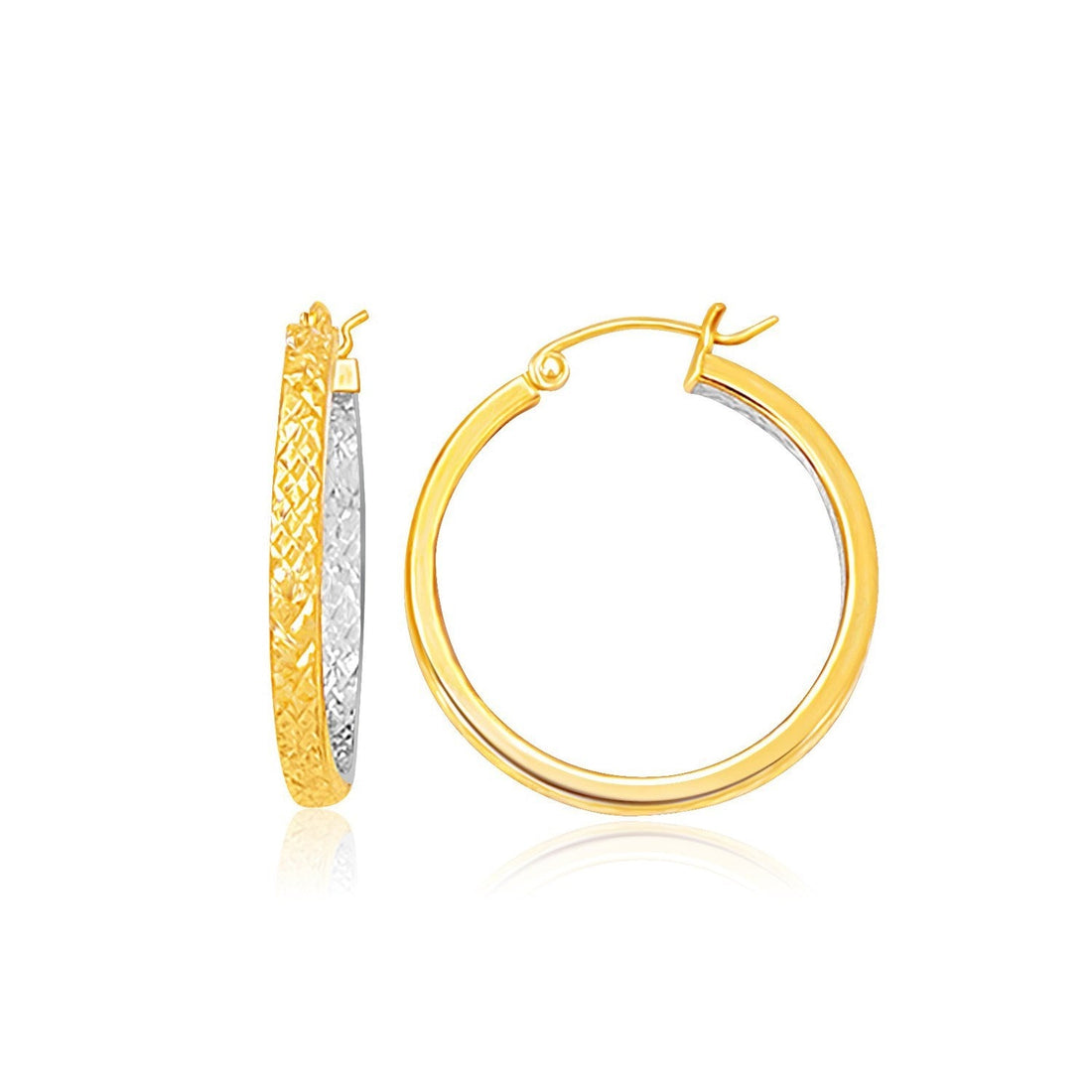 Two-Tone Yellow and White Gold Petite Patterned Hoop Earrings(3x25mm) - DestGlow