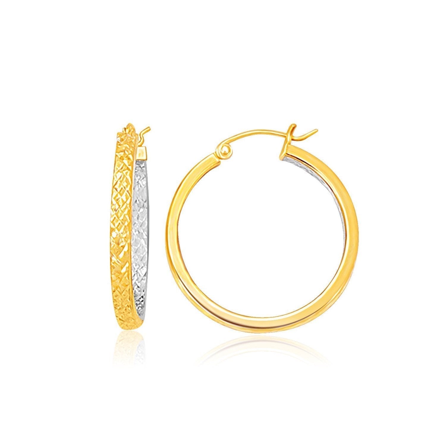 Two-Tone Yellow and White Gold Petite Patterned Hoop Earrings(3x25mm) 