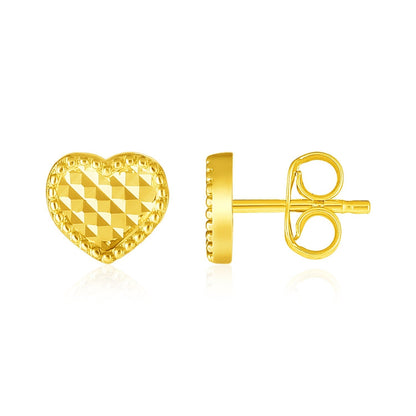 14k Yellow Gold Textured Heart Post Earrings  DestGlow