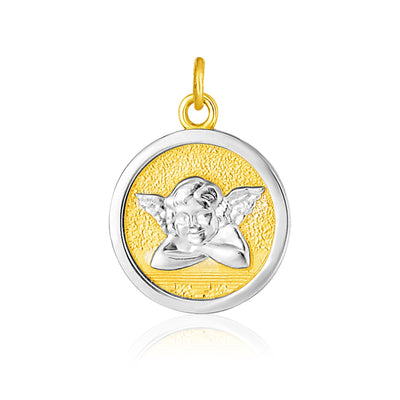 14k Two Tone Gold Round Angel Medal Pendant - necklaces