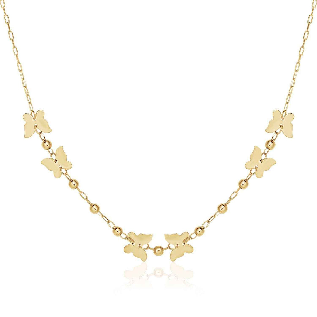 14k Yellow Gold 18 inch Necklace with Polished Butterflies and Beads