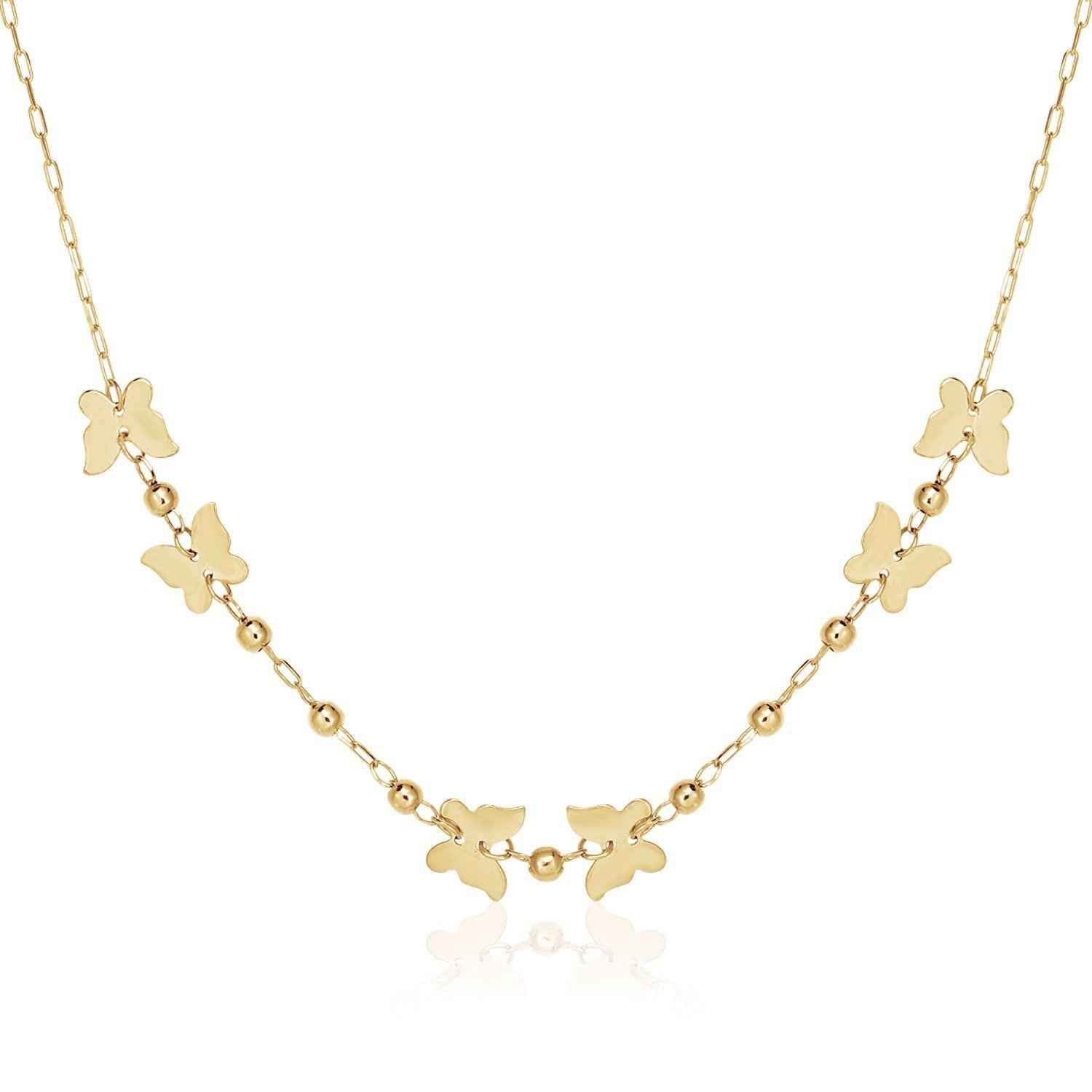 14k Yellow Gold 18 inch Necklace with Polished Butterflies and Beads