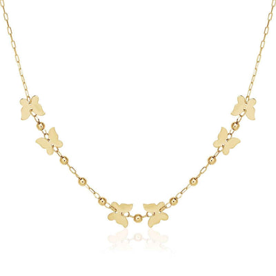 14k Yellow Gold 18 inch Necklace with Polished Butterflies and Beads