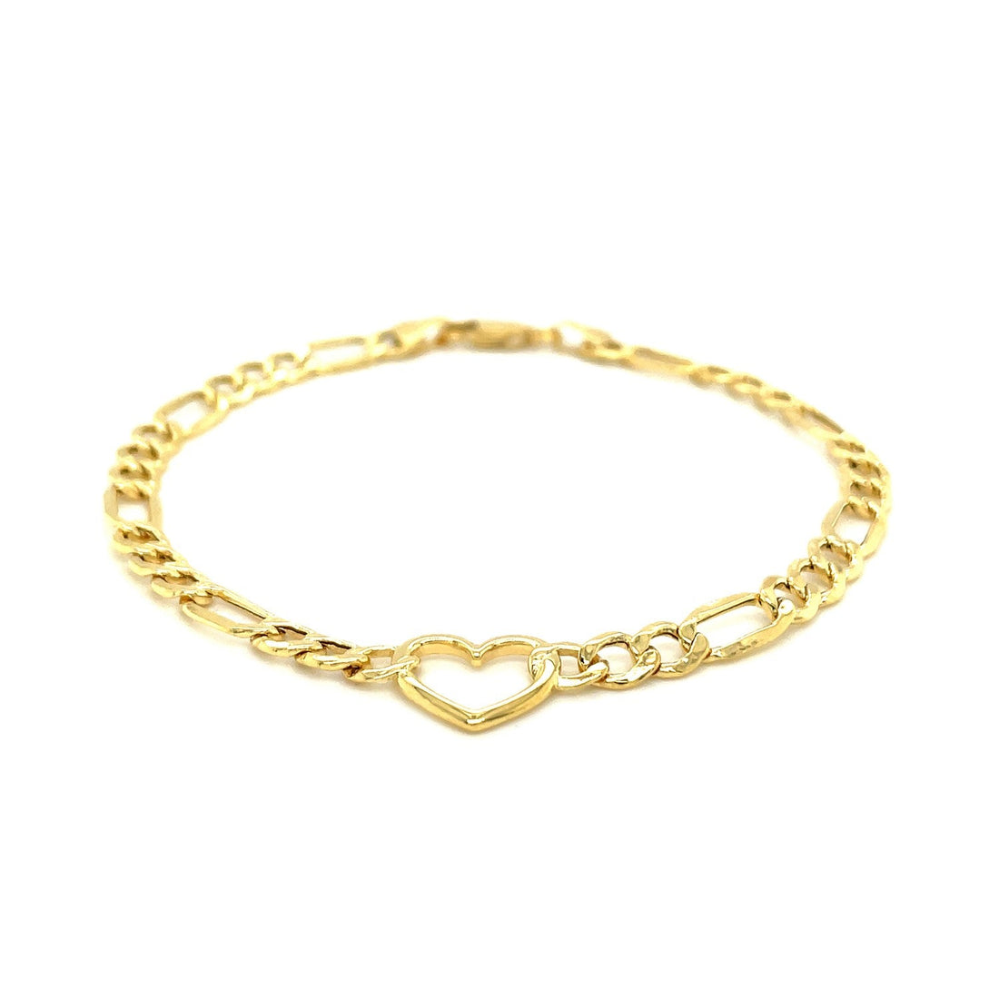 14k Yellow Gold 7 inch Figaro Chain Bracelet with Heart - DestGlow
