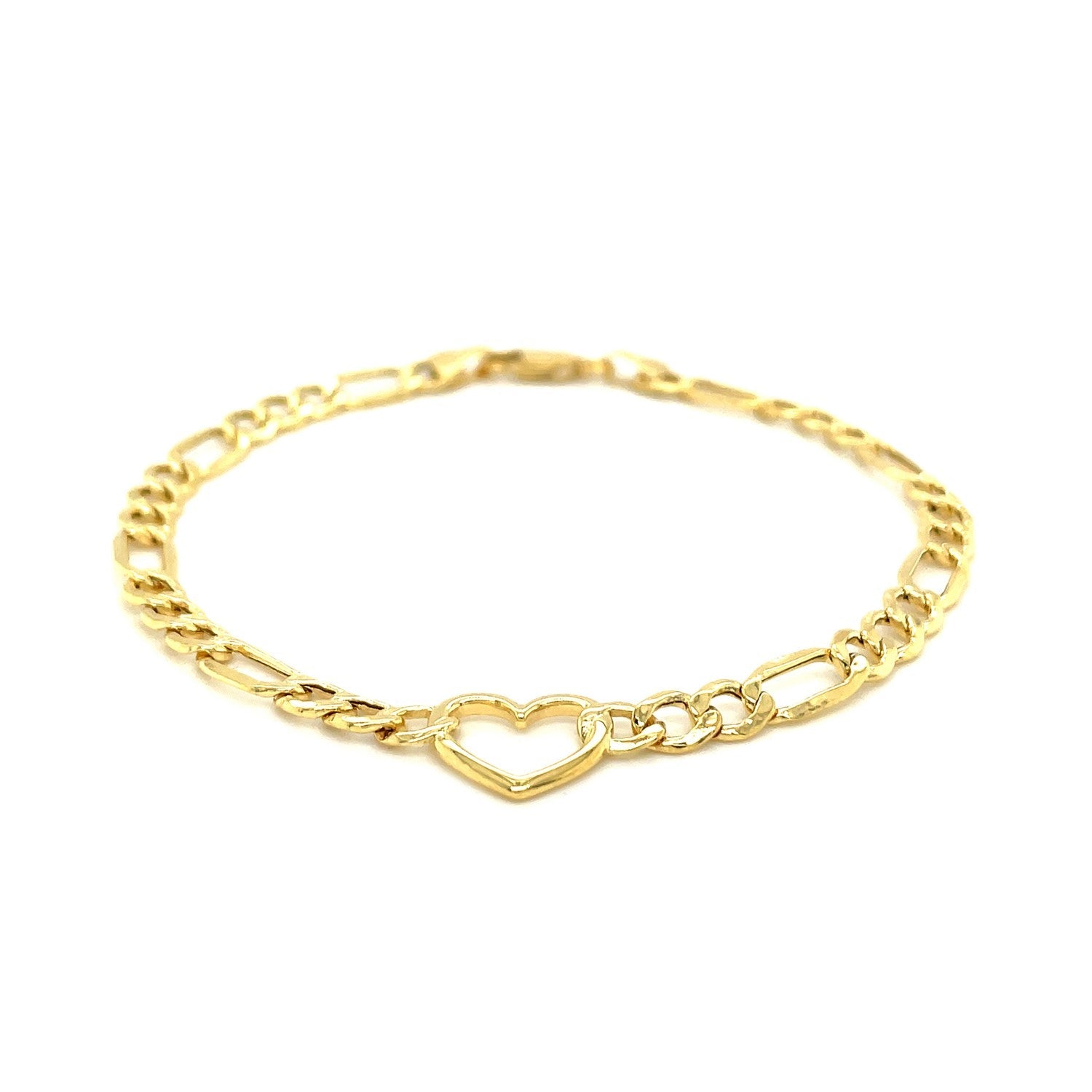 14k Yellow Gold 7 inch Figaro Chain Bracelet with Heart - DestGlow
