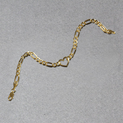 14k Yellow Gold 7 inch Figaro Chain Bracelet with Heart - DestGlow