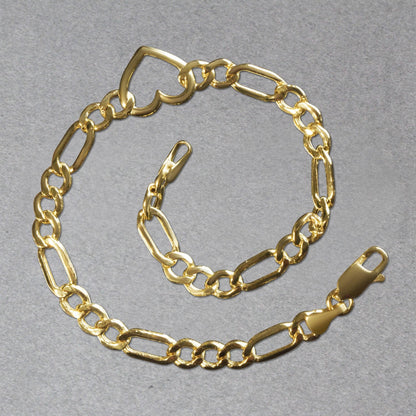 14k Yellow Gold 7 inch Figaro Chain Bracelet with Heart - DestGlow
