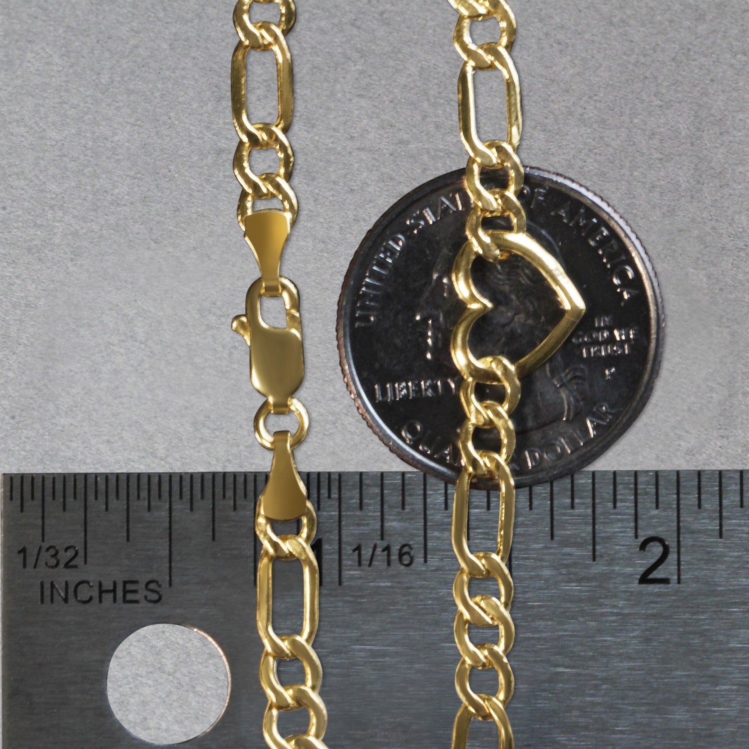 14k Yellow Gold 7 inch Figaro Chain Bracelet with Heart - DestGlow