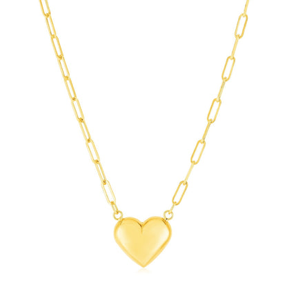 14k Yellow Gold Paperclip Chain Necklace with Puffed Heart by Bids.com