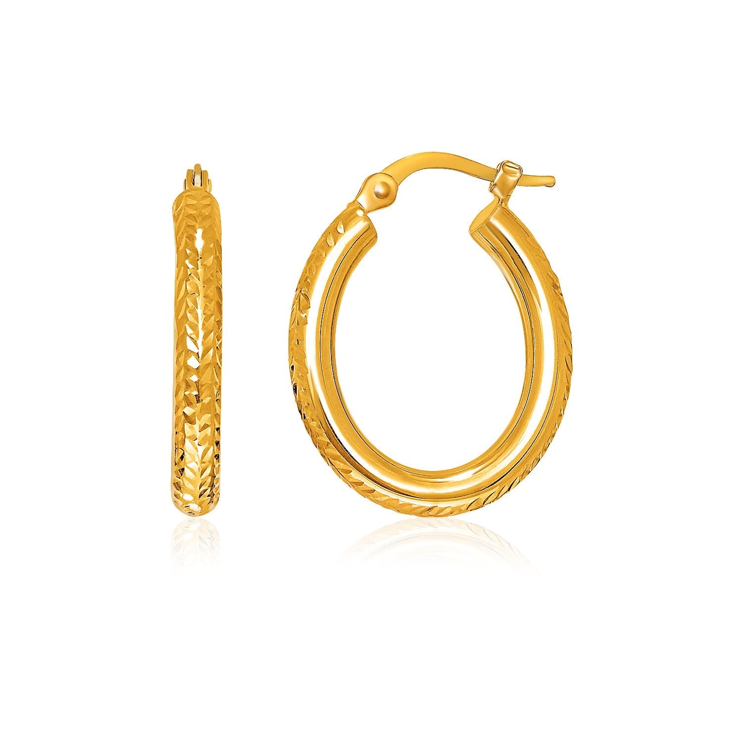 14k Yellow Gold Diamond Cut Textured Oval Hoop Earrings. - earrings