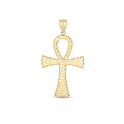 14k Yellow Gold High Polish Textured Ankh Pendant - necklaces