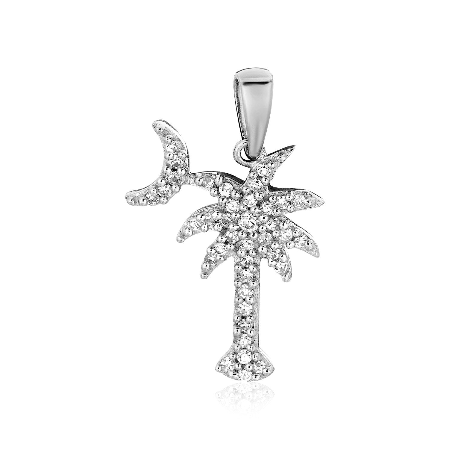 Sterling Silver Palm Tree and Crescent Moon Pendant with Cubic Zirconias - DestGlow