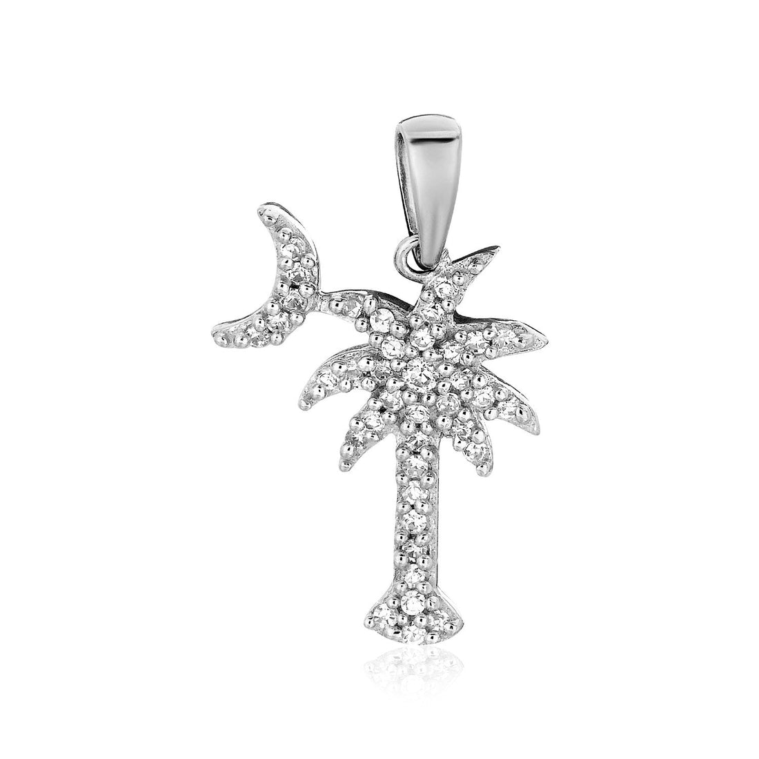 Sterling Silver Palm Tree and Crescent Moon Pendant with Cubic Zirconias - DestGlow