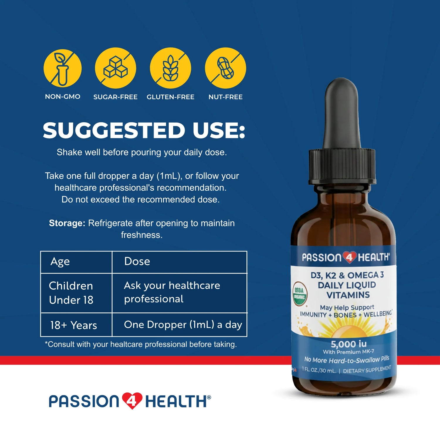 D3, K2 &amp; Omega-3 Daily Liquid Vitamins by Passion 4 Health
