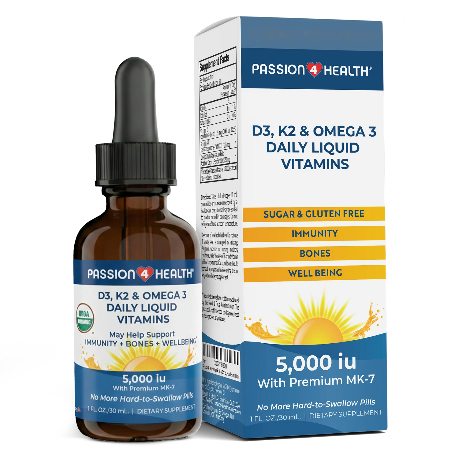 D3, K2 &amp; Omega-3 Daily Liquid Vitamins by Passion 4 Health