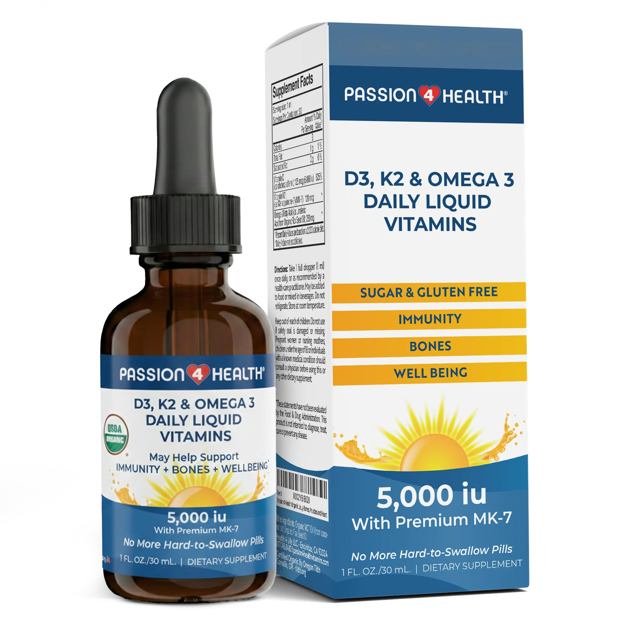 D3, K2 &amp; Omega-3 Daily Liquid Vitamins by Passion 4 Health