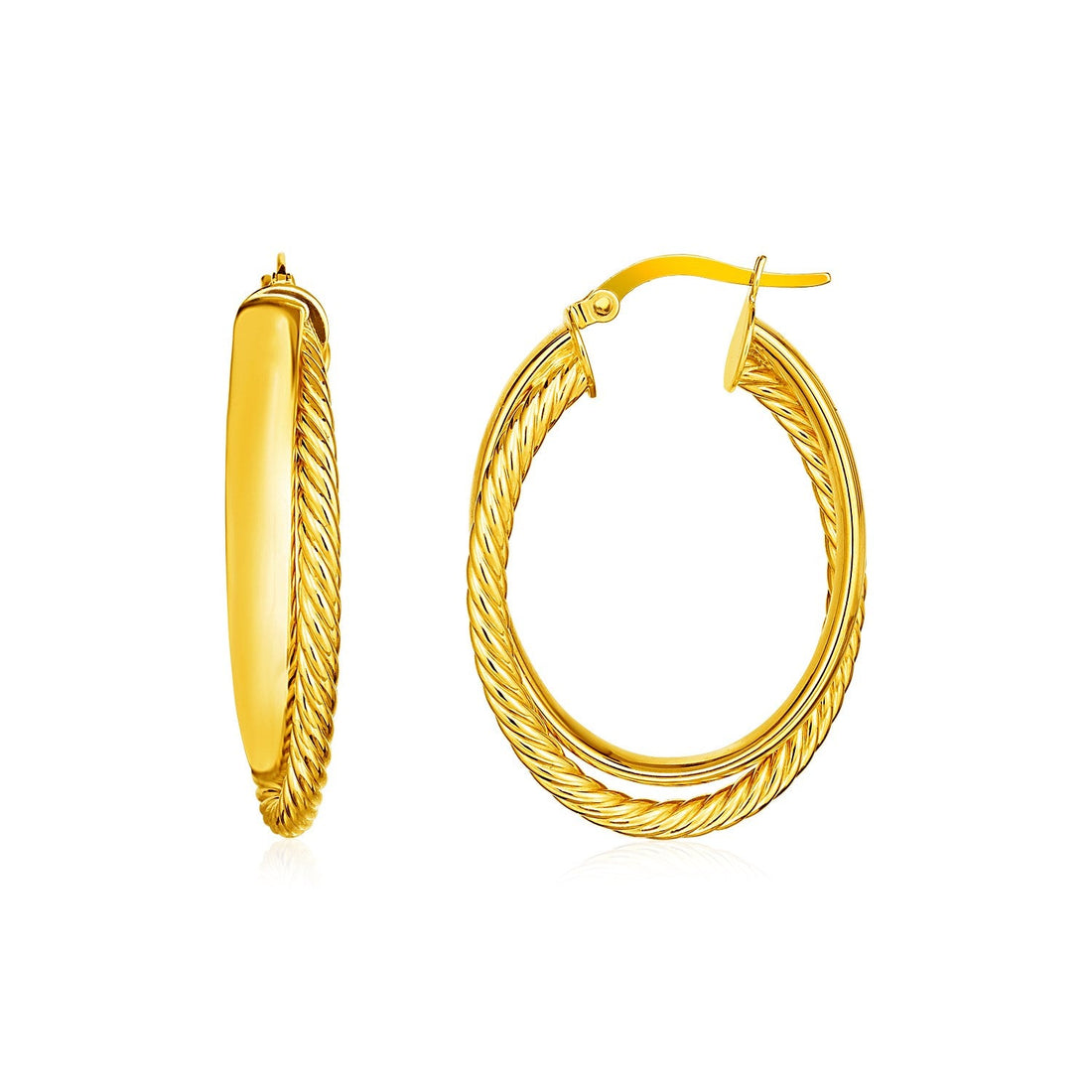 14k Yellow Gold Two Part Textured Twisted Oval Hoop Earrings - DestGlow