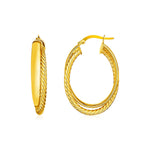 14k Yellow Gold Two Part Textured Twisted Oval Hoop Earrings - DestGlow