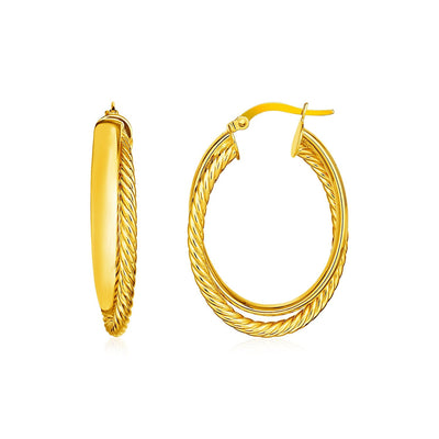 14k Yellow Gold Two Part Textured Twisted Oval Hoop Earrings - DestGlow