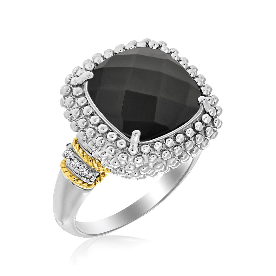 18k Yellow Gold &amp; Sterling Silver Black Onyx and Diamond Popcorn Cushion Ring  DestGlow