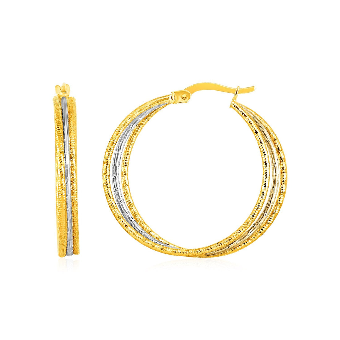 Three Part Textured Hoop Earrings in 14k Yellow and White Gold - DestGlow