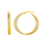 Three Part Textured Hoop Earrings in 14k Yellow and White Gold - DestGlow