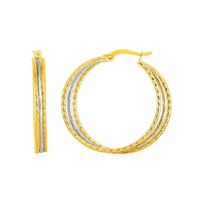 Three Part Textured Hoop Earrings in 14k Yellow and White Gold - DestGlow