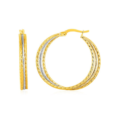 Three Part Textured Hoop Earrings in 14k Yellow and White Gold by Bids.com