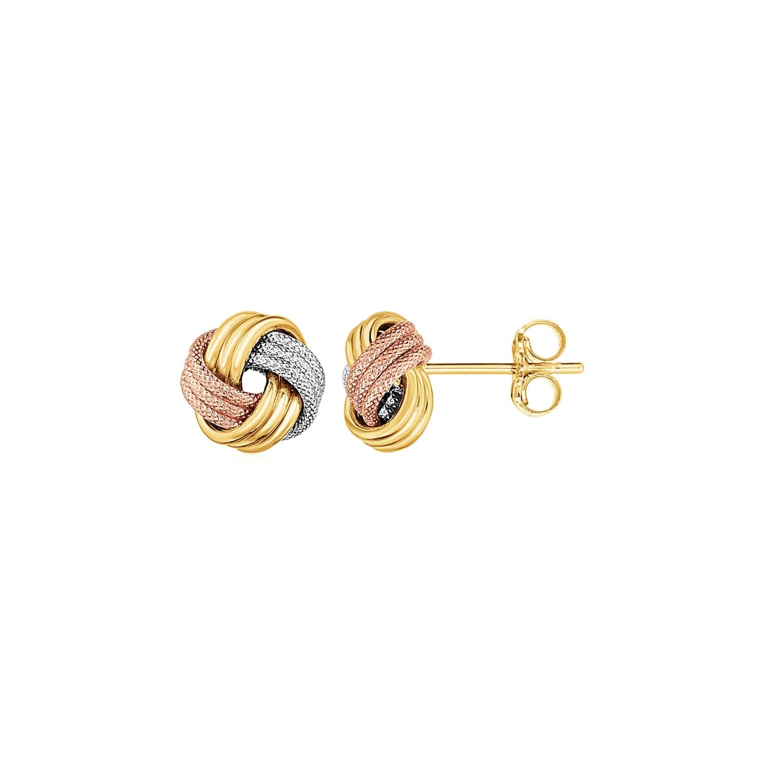 Love Knot Post Earrings in 14k Tri Color Gold by Avera Group