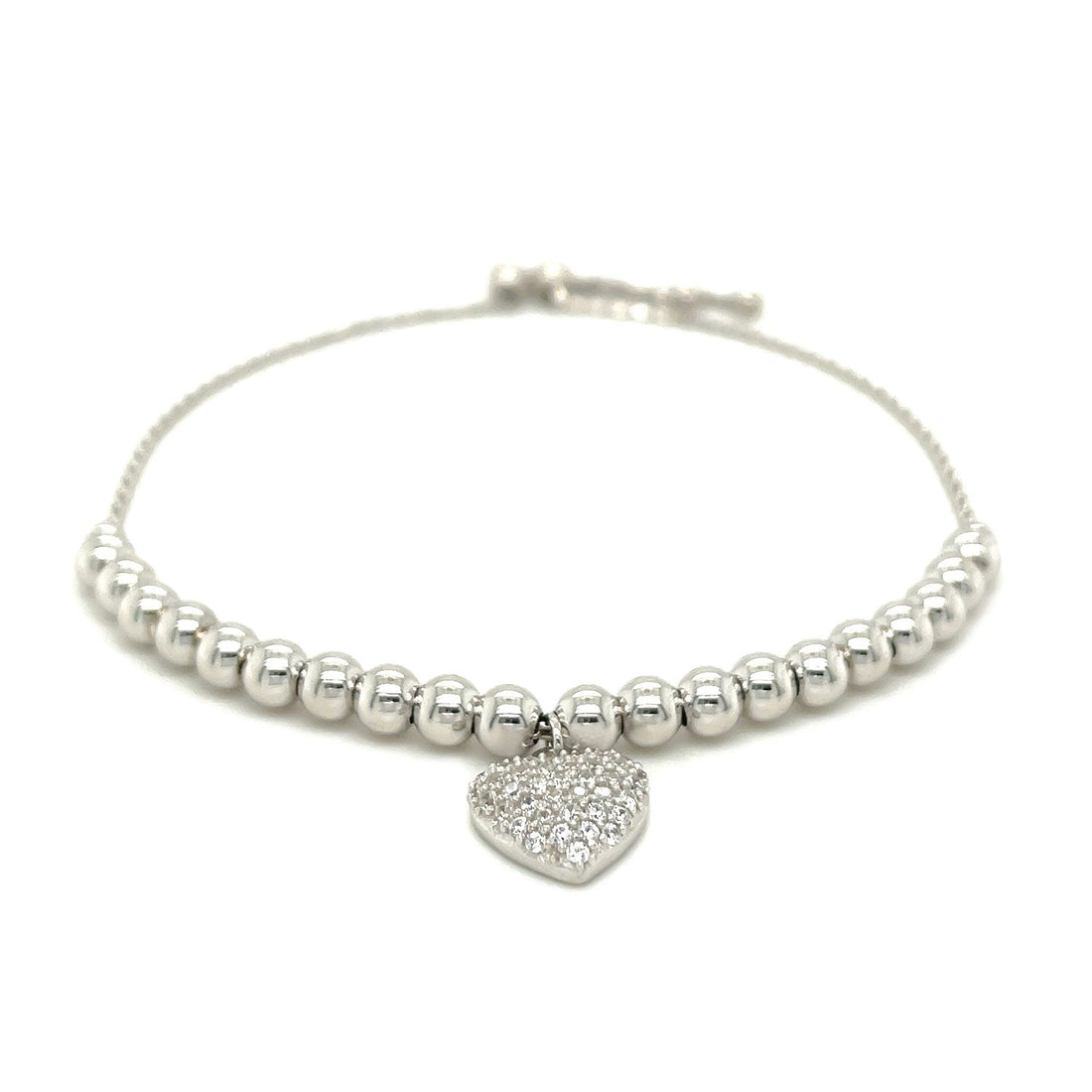 Adjustable Bead Bracelet with Round Charm and Cubic Zirconias in Sterling Silver - DestGlow