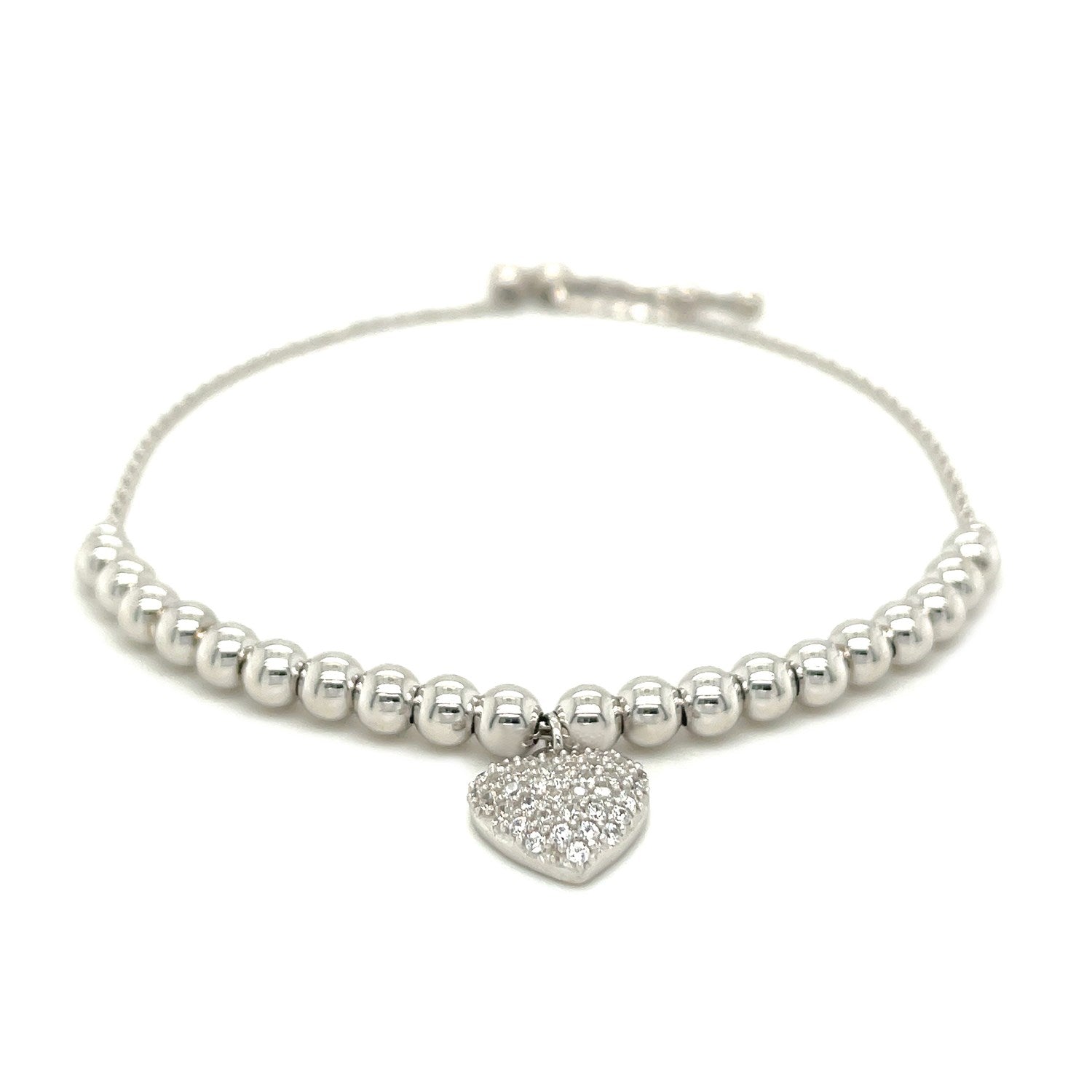 Adjustable Bead Bracelet with Round Charm and Cubic Zirconias in Sterling Silver - DestGlow