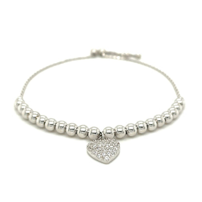 Adjustable Bead Bracelet with Round Charm and Cubic Zirconias in Sterling Silver - DestGlow