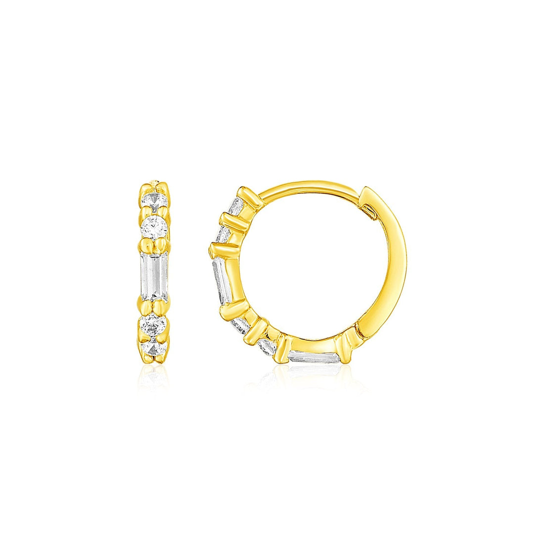14k Yellow Gold Petite Hoop Earrings with Baguette Cubic Zirconias - earrings