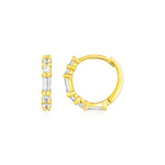 14k Yellow Gold Petite Hoop Earrings with Baguette Cubic Zirconias - earrings