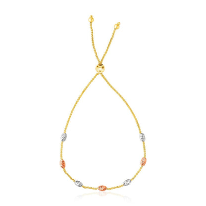 14k Tri-Color Gold Textured Oval Station Lariat Style Bracelet  DestGlow