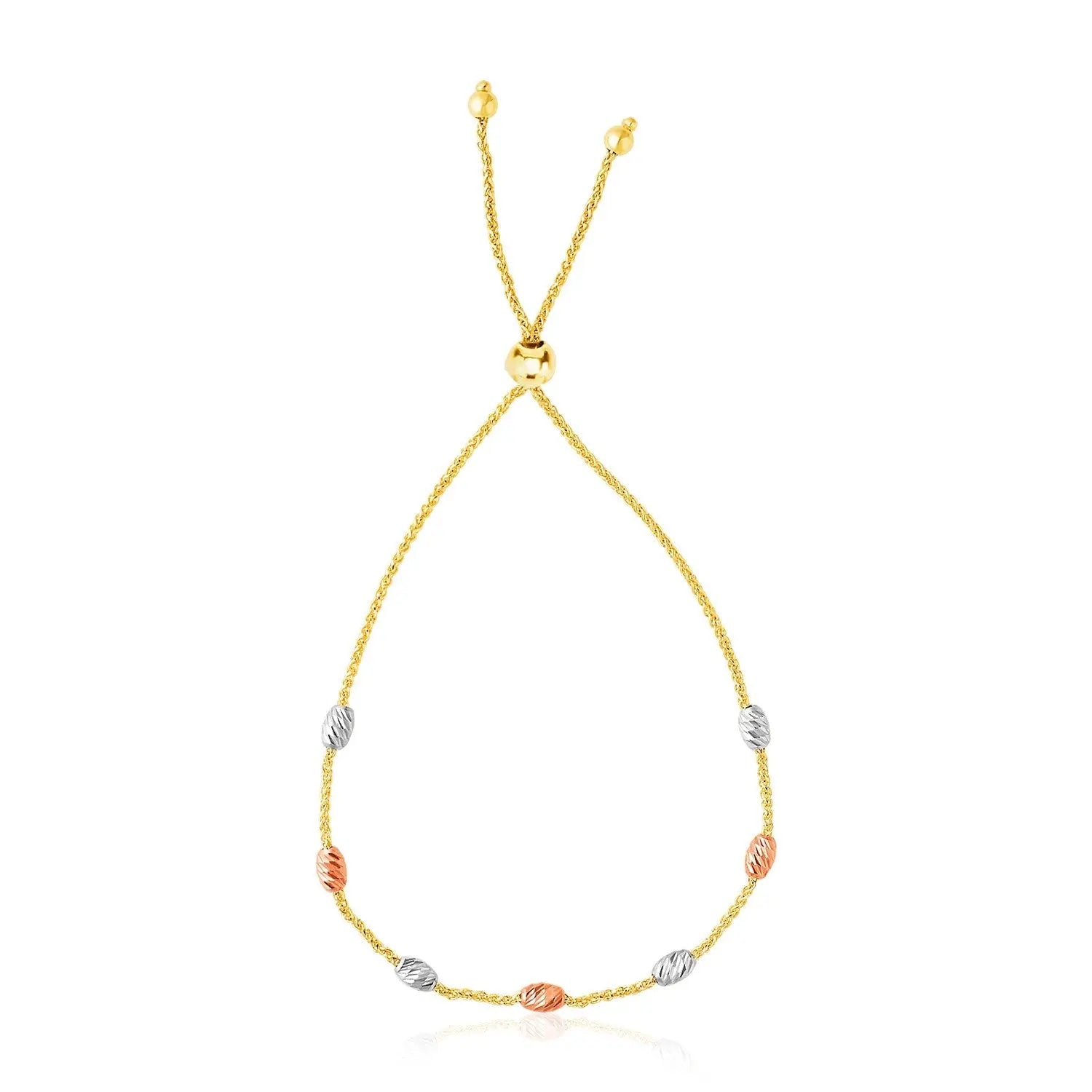 14k Tri-Color Gold Textured Oval Station Lariat Style Bracelet 