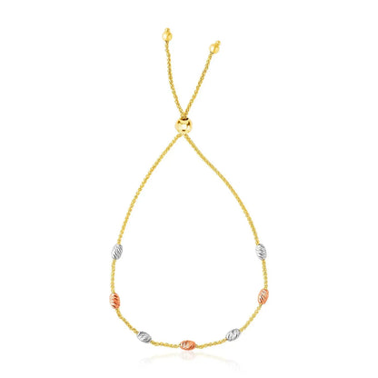 14k Tri-Color Gold Textured Oval Station Lariat Style Bracelet 