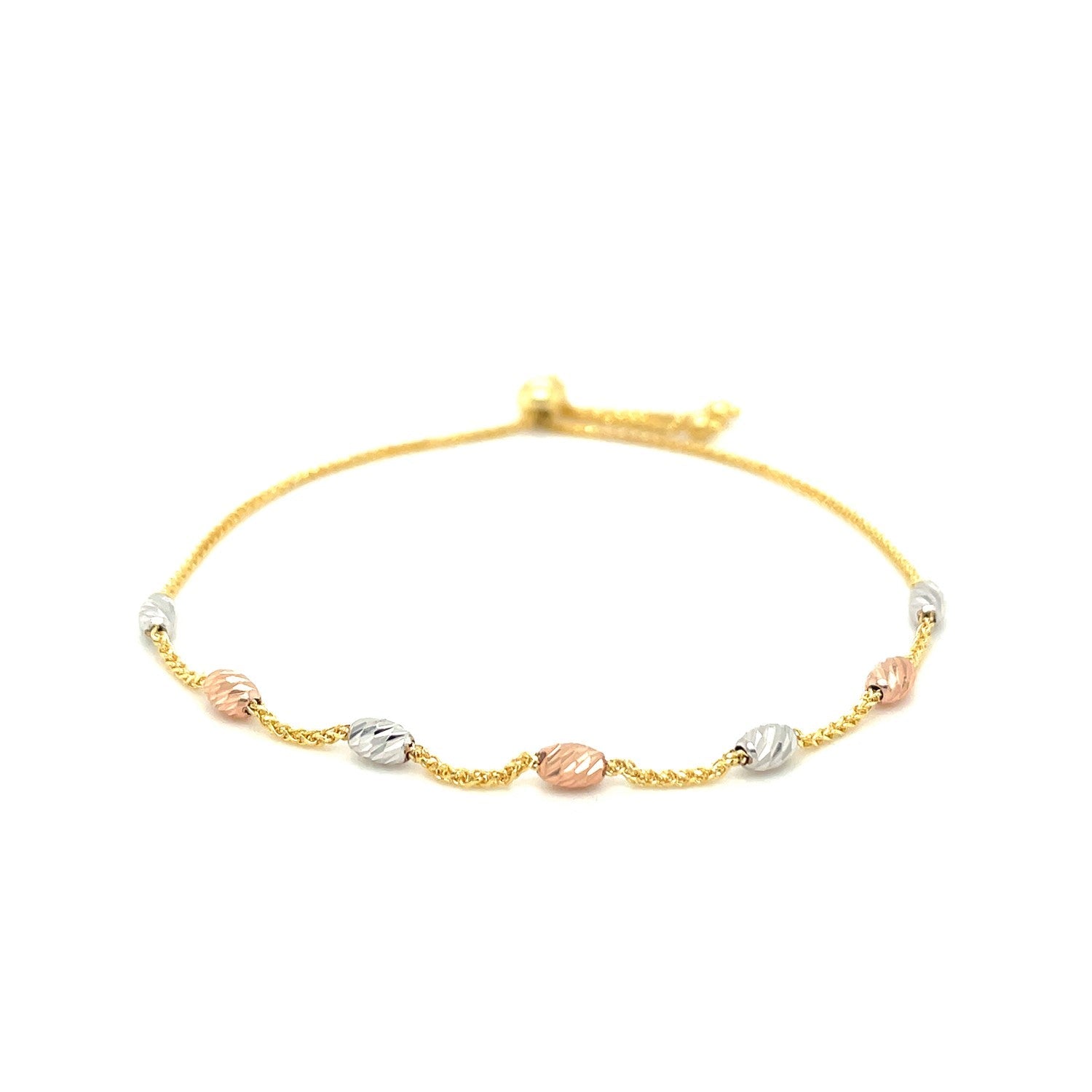 14k Tri-Color Gold Textured Oval Station Lariat Style Bracelet - DestGlow