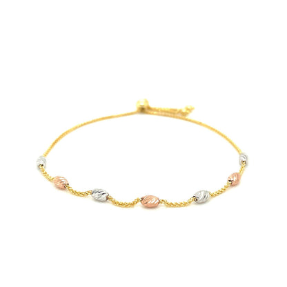 14k Tri-Color Gold Textured Oval Station Lariat Style Bracelet - DestGlow