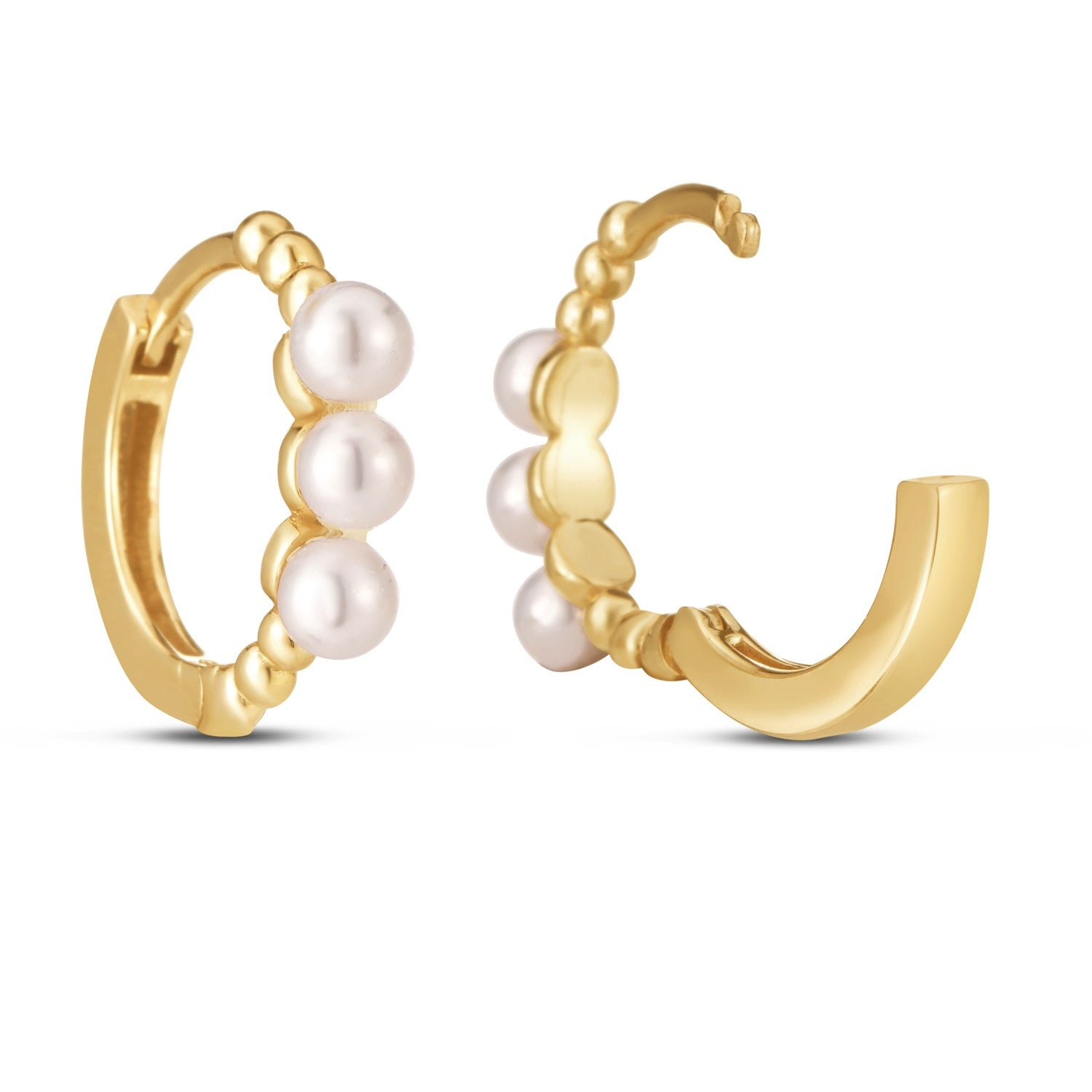 14k Yellow Gold Pearl Huggie Earrings - DestGlow