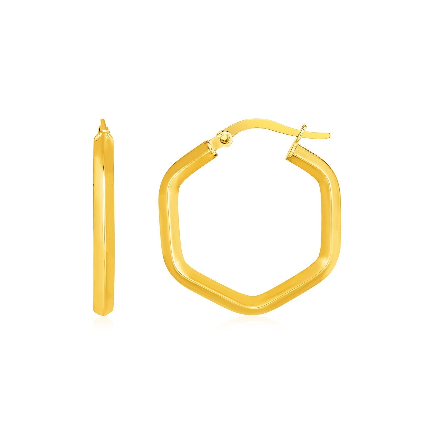 14k Yellow Gold Shiny Hexagon Hoop Earrings  DestGlow