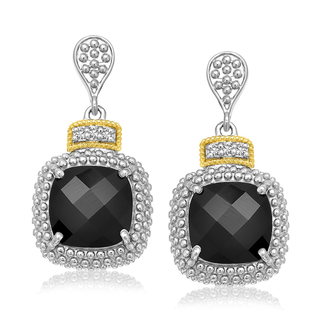 18k Yellow Gold &amp; Sterling Silver Black Onyx &amp; Diamond Earrings (.05cttw) - DestGlow